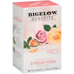Bigelow Rose Mint Tea bags showing the herbal blend ideal for unwind moments