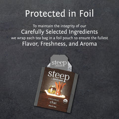 Bigelow Steep Organic Chai Black Tea foil pouches preserve aroma and flavor.