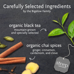 Bigelow Steep Organic Chai Black Tea tea bags ready for travel and on-the-go brewing.