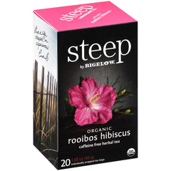 Bigelow Steep Rooibos Hibiscus tea box showing organic blend for a caffeine-free ritual.