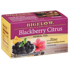 Bigelow Blackberry Citrus Plus Zinc tea box front view highlighting packaging and caffeine-free option