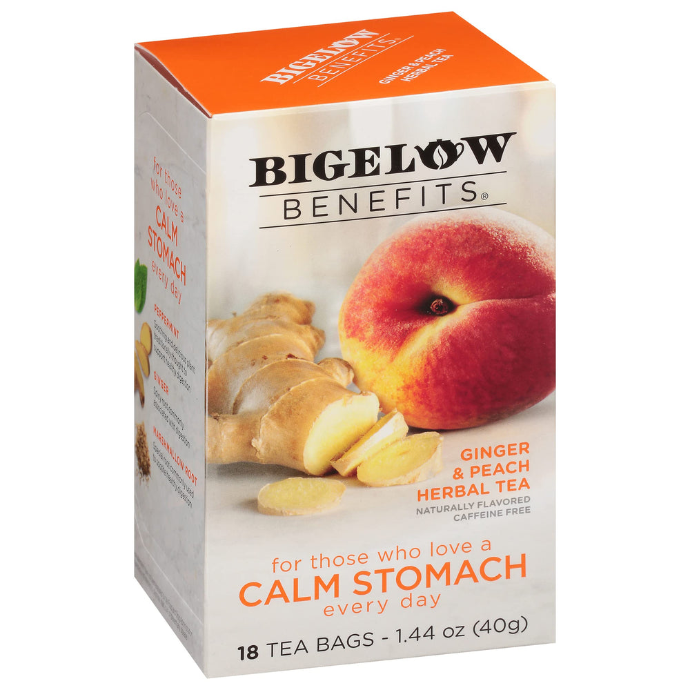 Bigelow Calm Stomach Ginger Peach tea cup showing soothing aroma for tummy comfort after meals