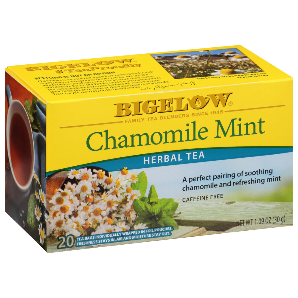 Bigelow Chamomile Mint tea bags for soothing, caffeine-free enjoyment anytime