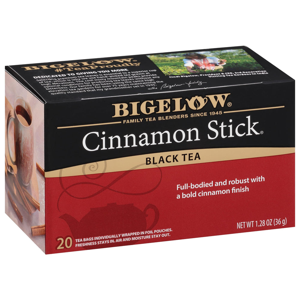 Bigelow Cinnamon Stick Black Tea box showing bold aroma and robust flavor.