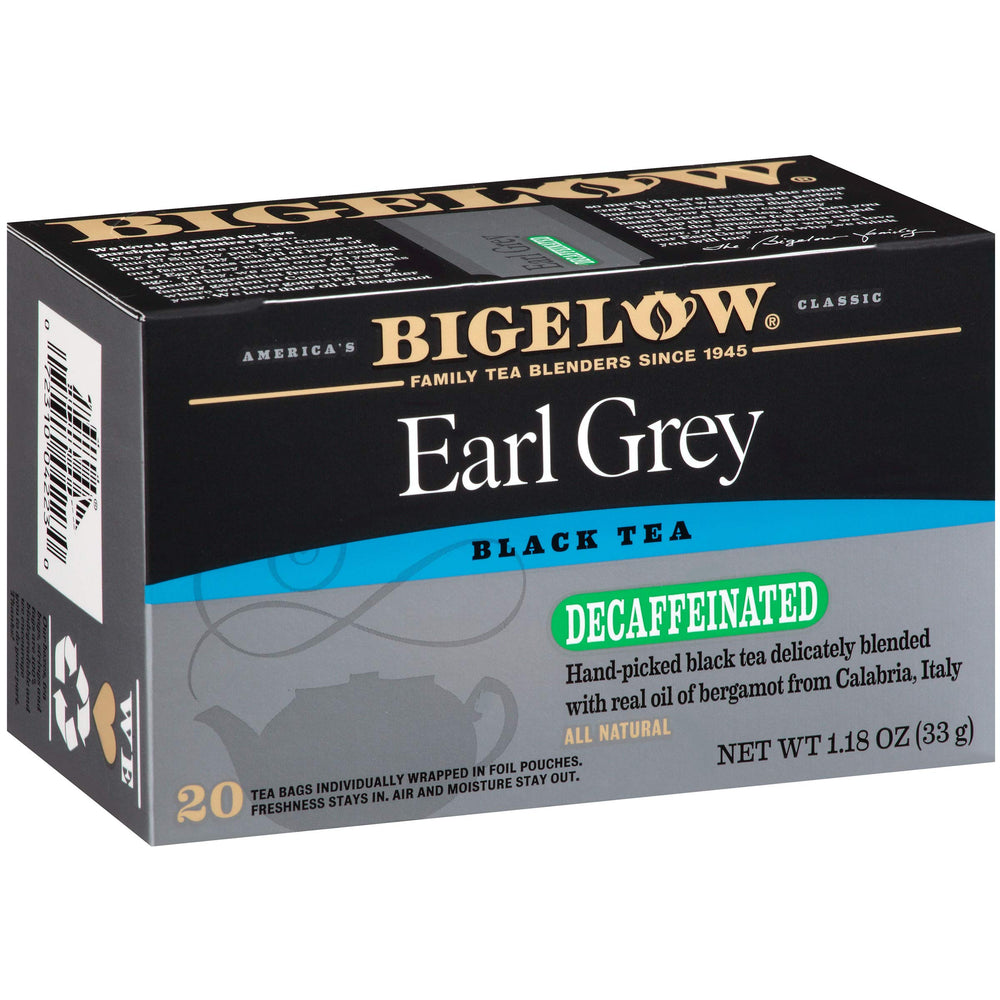 Bigelow Decaffeinated Earl Grey tea bag showing classic flavor and aroma.
