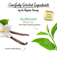 Hot cup of Bigelow French Vanilla decaf tea for a comforting moment.