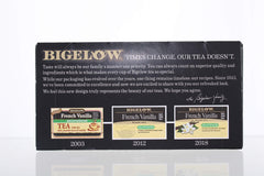 Packaging box of Bigelow French Vanilla decaf tea showing 20-count