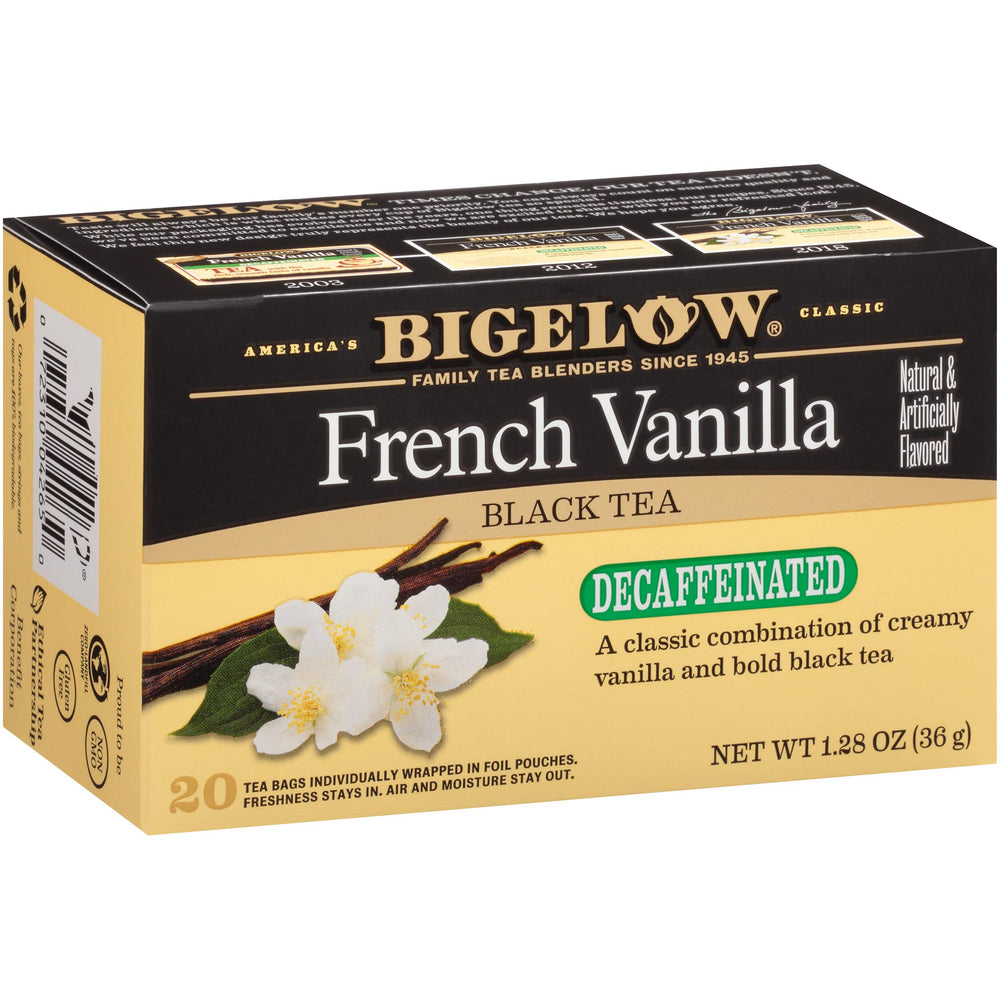 Bigelow Tea decaffeinated French Vanilla tea box with rich aroma.