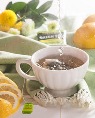 Bigelow decaf green tea with lemon tea bags preserving fresh flavor on the go.