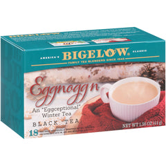 Bigelow Eggnogg'n Black Tea bags show festive aroma and a caffeine lift.