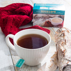 Packaging for Bigelow Eggnogg'n Black Tea highlights 108 bags for holiday use.