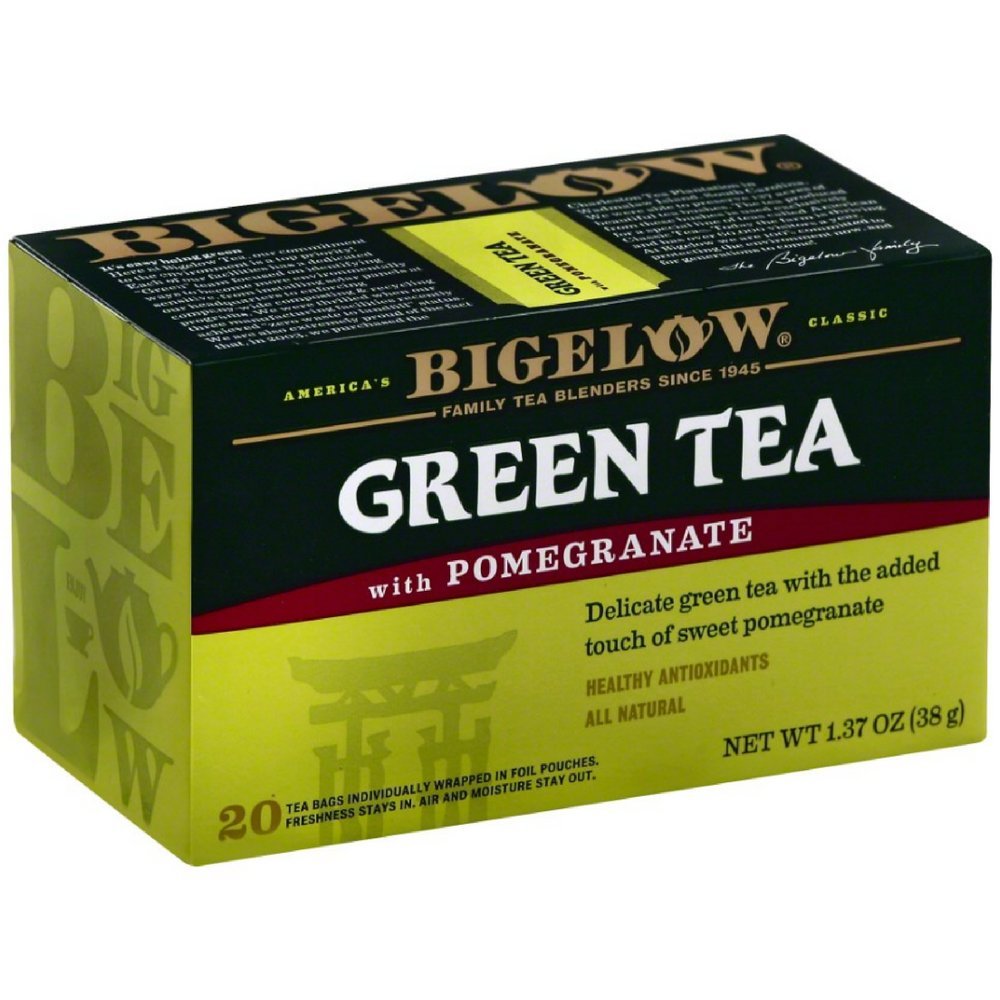 Bigelow Tea Green with Pomegranate pack shot showing premium tea bags for daily ritual.