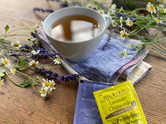 Tea bags from Bigelow Lavender Chamomile Plus Probiotics, individually wrapped to preserve freshness