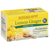 Bigelow Lemon Ginger Probiotics tea bags with bright aroma and caffeine-free sipping