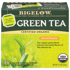 Bigelow Organic Decaffeinated Green Tea box with 40 bags for daily use