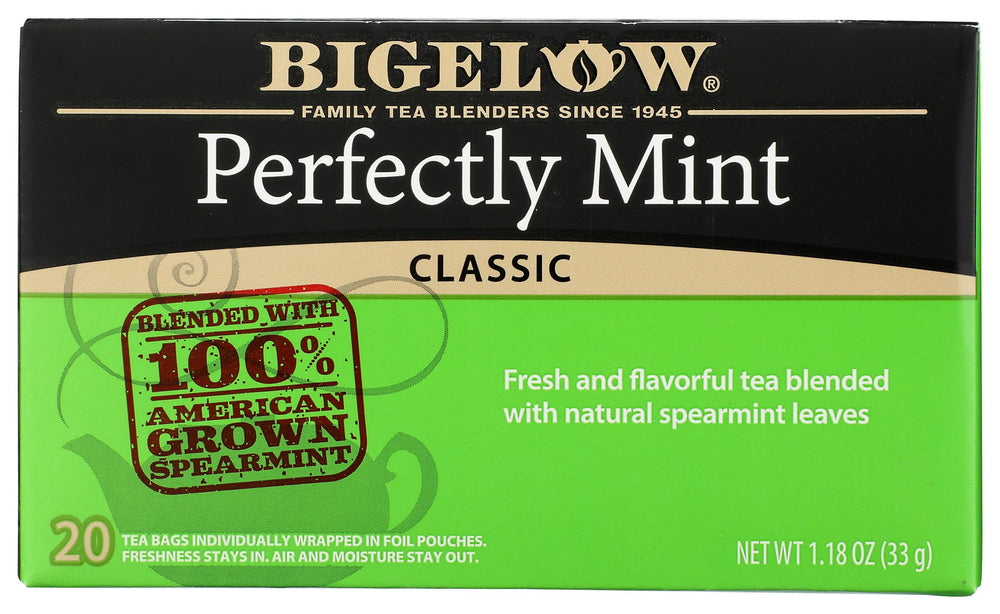 Bigelow Perfectly Mint Black Tea bags with mint aroma for a refreshing start