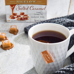 Bigelow Salted Caramel Black Tea cup steeping with inviting aroma and caramel notes.