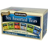 Bigelow Tea six assorted tea variety pack front packaging, ideal for home use.