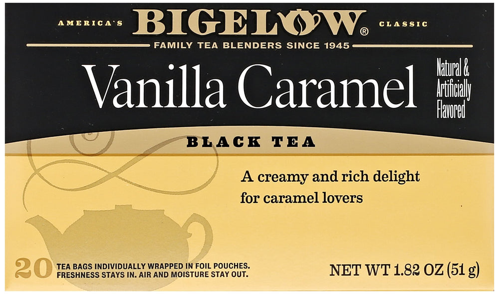 Bigelow Vanilla Caramel Black Tea box ready for a cozy afternoon ritual