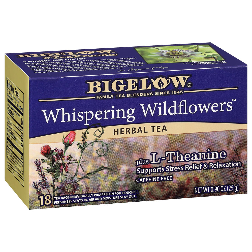 Bigelow Whispering Wildflowers tea bags provide a calming, caffeine-free moment.
