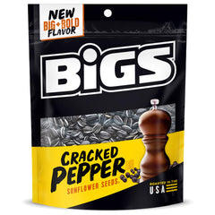 BIGS cracked pepper sunflower seeds front bag showing bold flavor for game day snacking