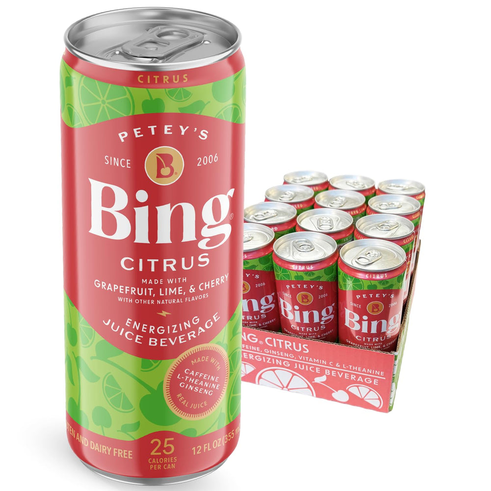 BING Citrus Energizing Juice Beverage, grapefruit-lime can, bright real-juice flavor.