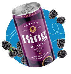 BING Energizing Juice Black can, bold taste and clean ingredients