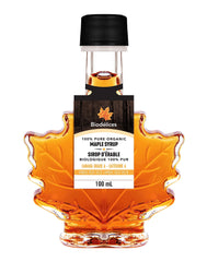 BIODELICES maple syrup bottle with maple leaf showcases premium organic packaging