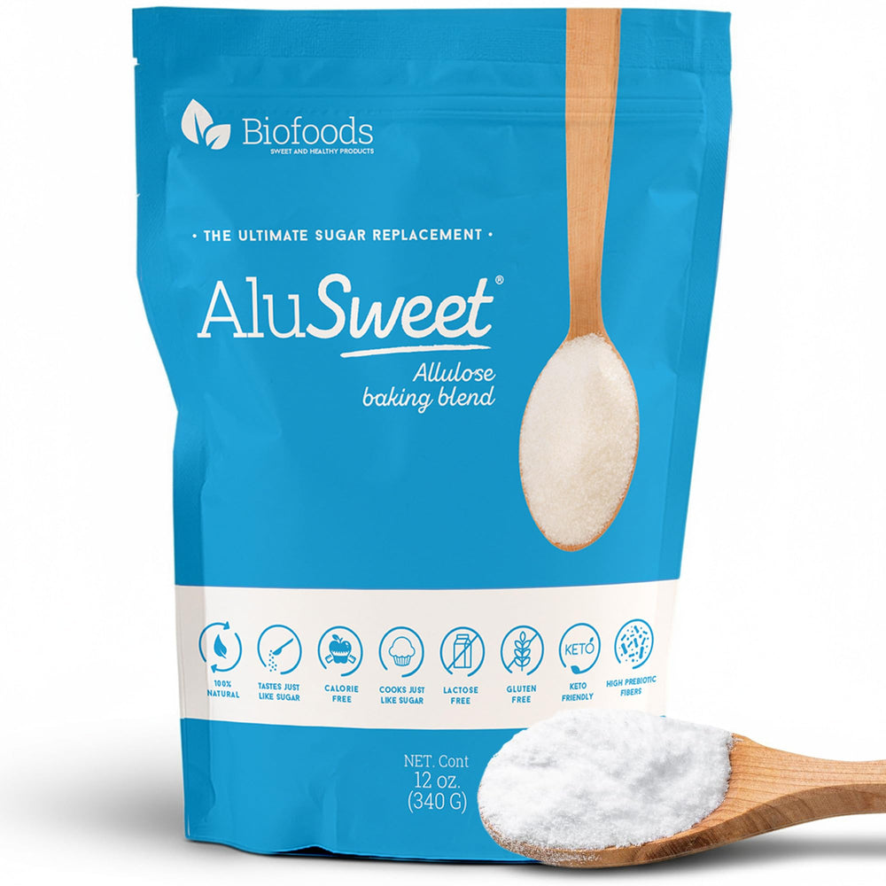 Biofoods AluSweet 12oz bottle showing zero-calorie sweetness for baking and beverages.