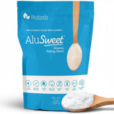 Biofoods AluSweet 12oz bottle showing zero-calorie sweetness for baking and beverages.