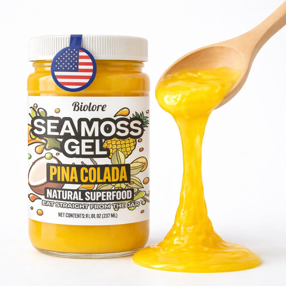 Biolore Sea Moss Gel Pina Colada 8oz jar on wood shelf for daily nutrition
