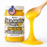 Biolore Sea Moss Gel Pina Colada 8oz jar on wood shelf for daily nutrition