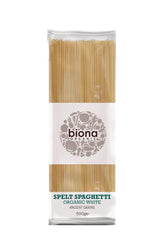 Biona white spelt spaghetti pack on kitchen counter, premium organic pasta for everyday meals.