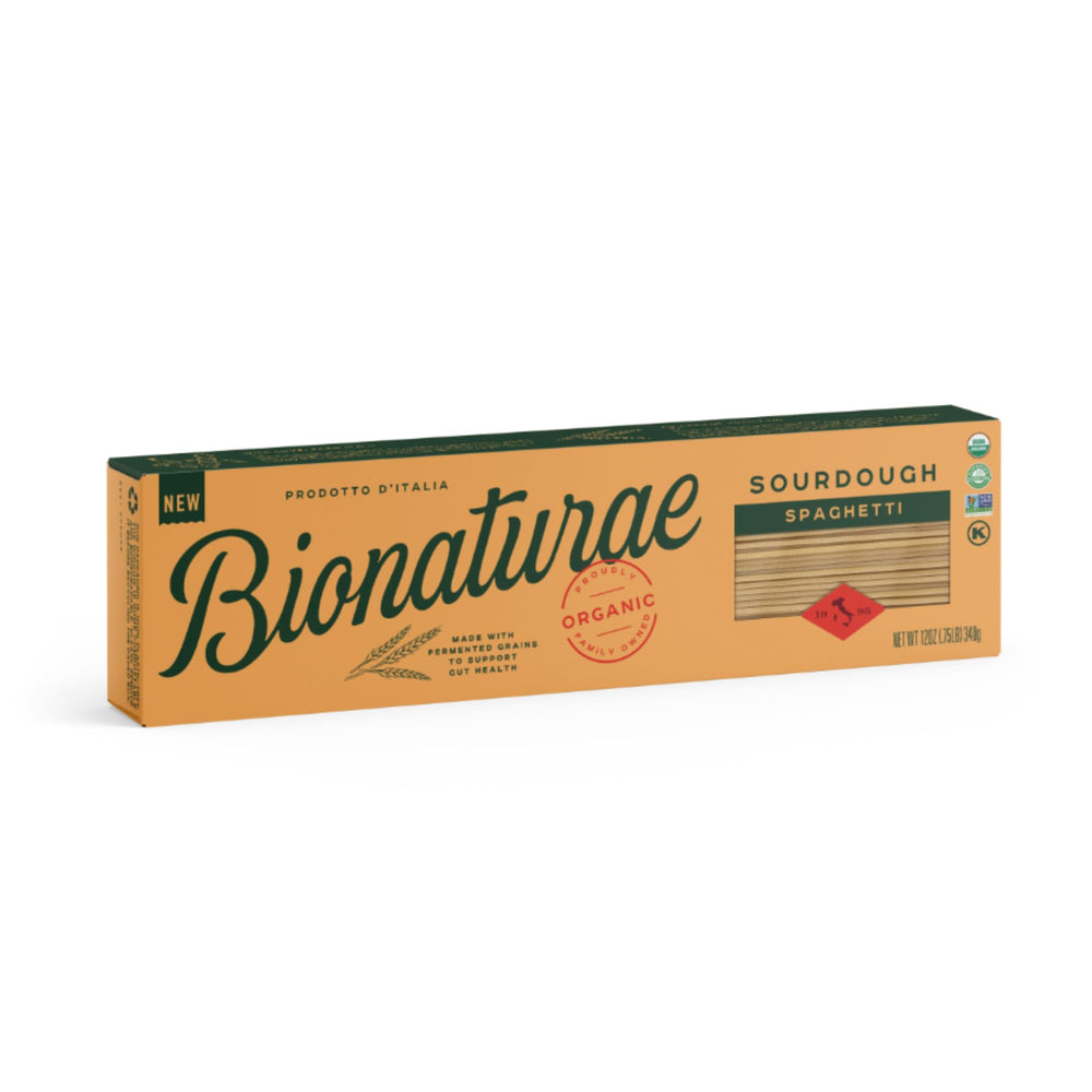 Bionaturae sourdough spaghetti raw pasta pack ready to cook with sauces.