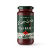 Bionaturae wild berry spread jar close-up highlighting natural ingredients and no added sugar.