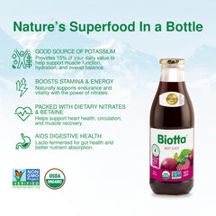 Close-up of Biotta label highlighting 100 percent juice and organic certification