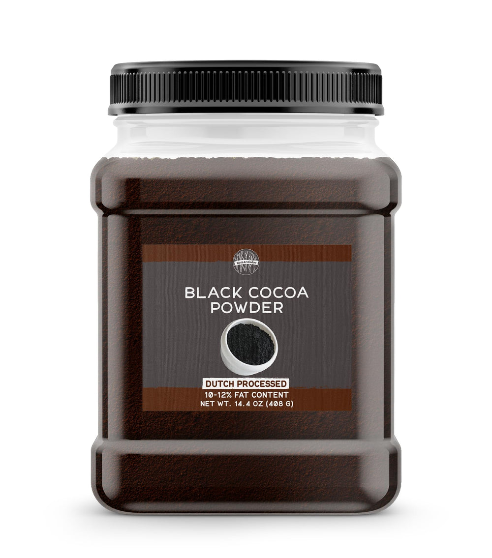 Birch and Meadow Black Cocoa Powder packaging shows premium unsweetened Dutch-processed cocoa.