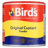 Bird's Custard Powder tin on the counter ready for quick, classic dessert bases.