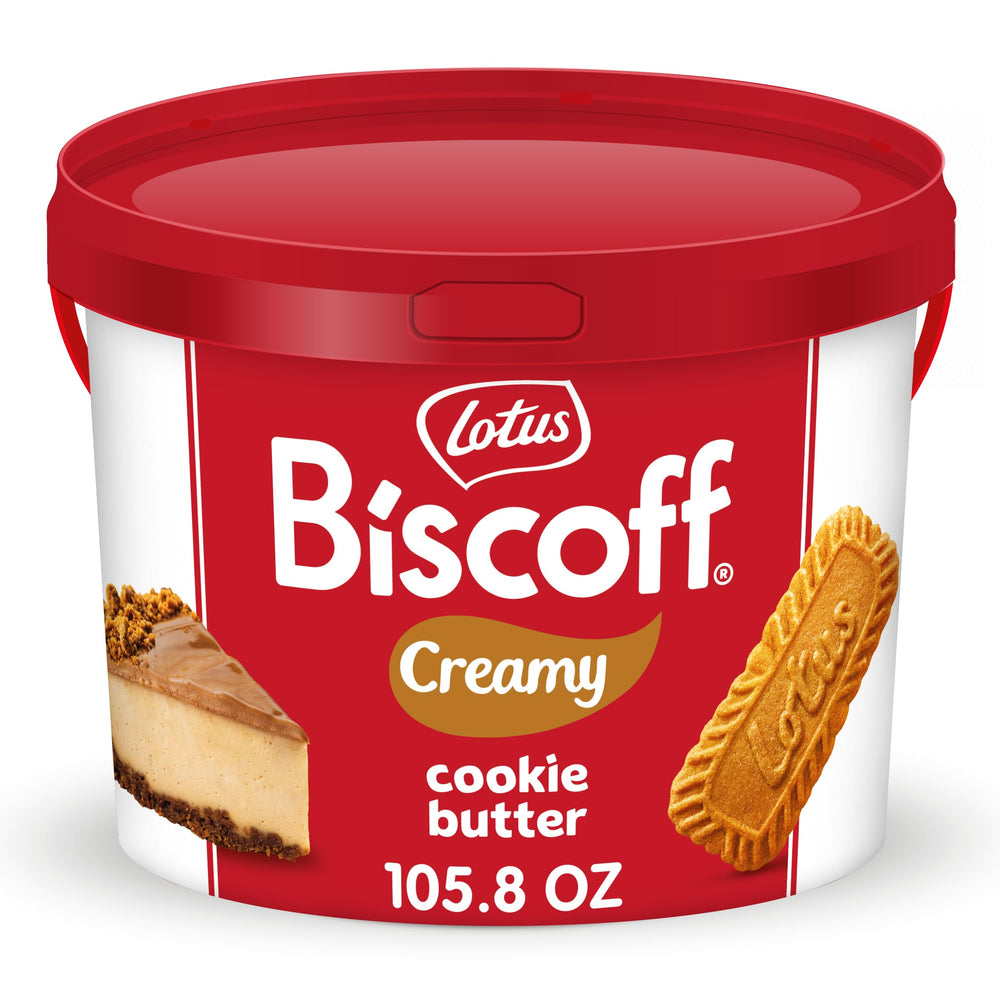Lotus Biscoff Cookie Butter in a creamy pail, ideal for quick spreading and generous servings