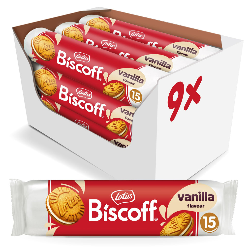 Biscoff vanilla sandwich cookies 9-pack on a serving tray, perfect for sharing