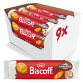 Biscoff milk chocolate cream sandwich cookies close-up, creamy filling for quick indulgence