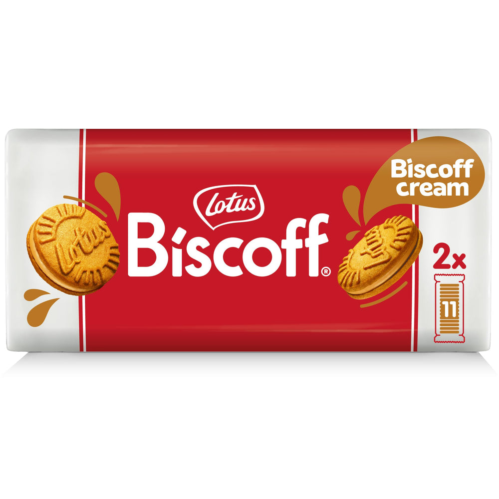 Lotus Biscoff sandwich cookies pack front, ideal for sharing.
