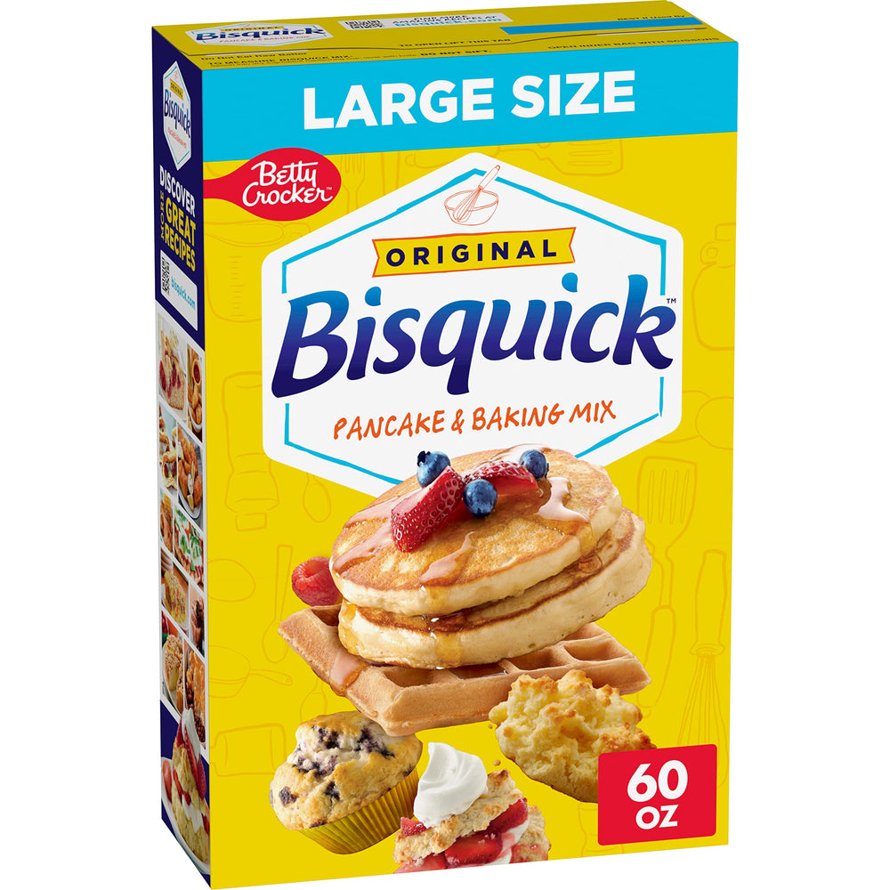 Bisquick Original Pancake Mix poured into a bowl for fluffy batter