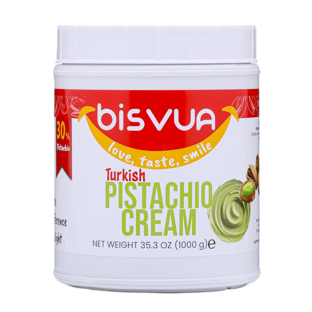 Bisvua premium pistachio cream jar with silky texture for desserts.