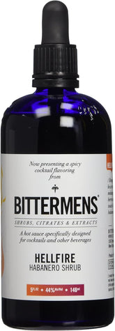 Bittermens Hellfire bottle close-up highlighting spicy, balanced flavors for cocktails.
