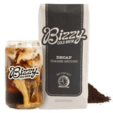Bizzy Cold Brew decaf coarse-ground coffee ready for at-home brewing.