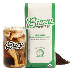 Bizzy Organic Cold Brew coarse-ground coffee in bag ready for smooth cold brew