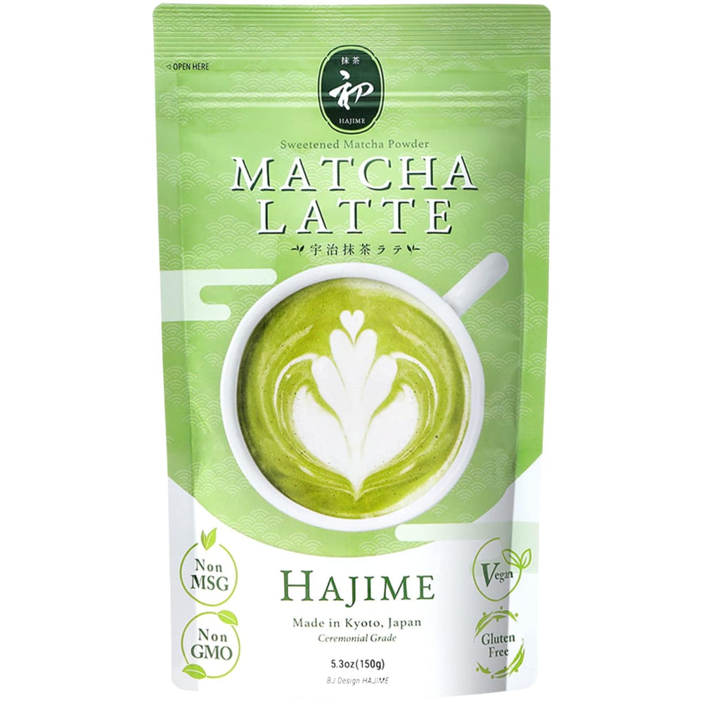 BJDesign HAJIME matcha latte powder jar highlighting premium Uji green tea aroma for creamy lattes.