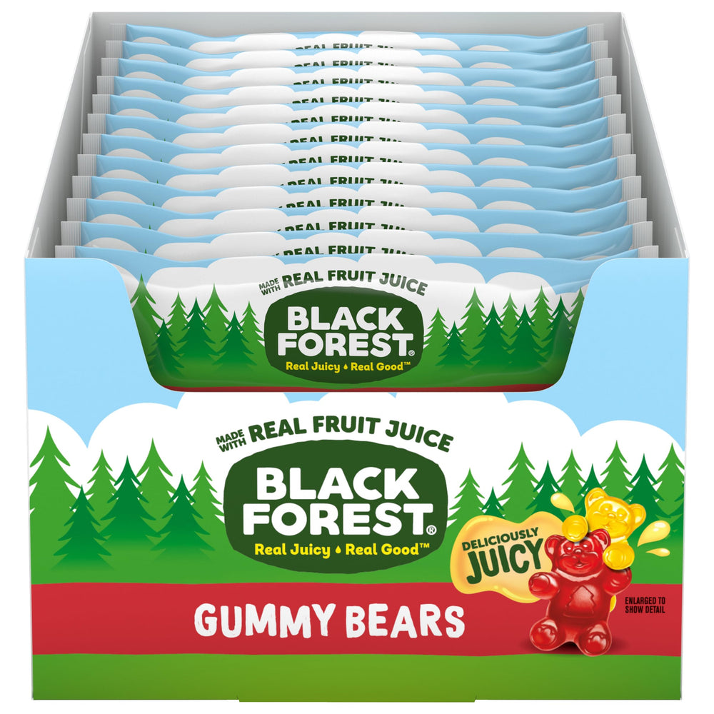 Black Forest Gummy Bears front-pack displaying six real-fruit flavors for convenient snacking