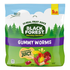 Black Forest Gummy Worms bag close-up shows vibrant real fruit juice flavors